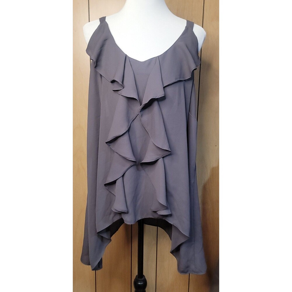 Maurices 3X Lavender Gray Ruffle Front Tank Top Lace Back Handkerchief Hem Plus